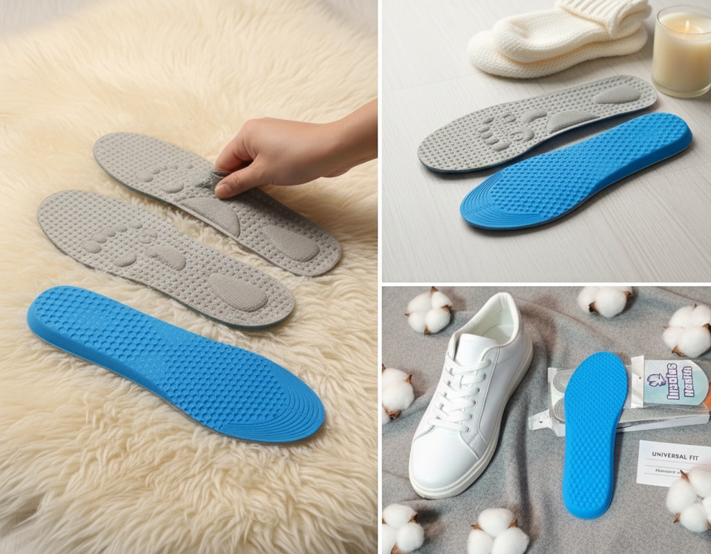 Collage of blue and gray shoe insoles on a fluffy surface, next to a white sneaker, and with packaging.